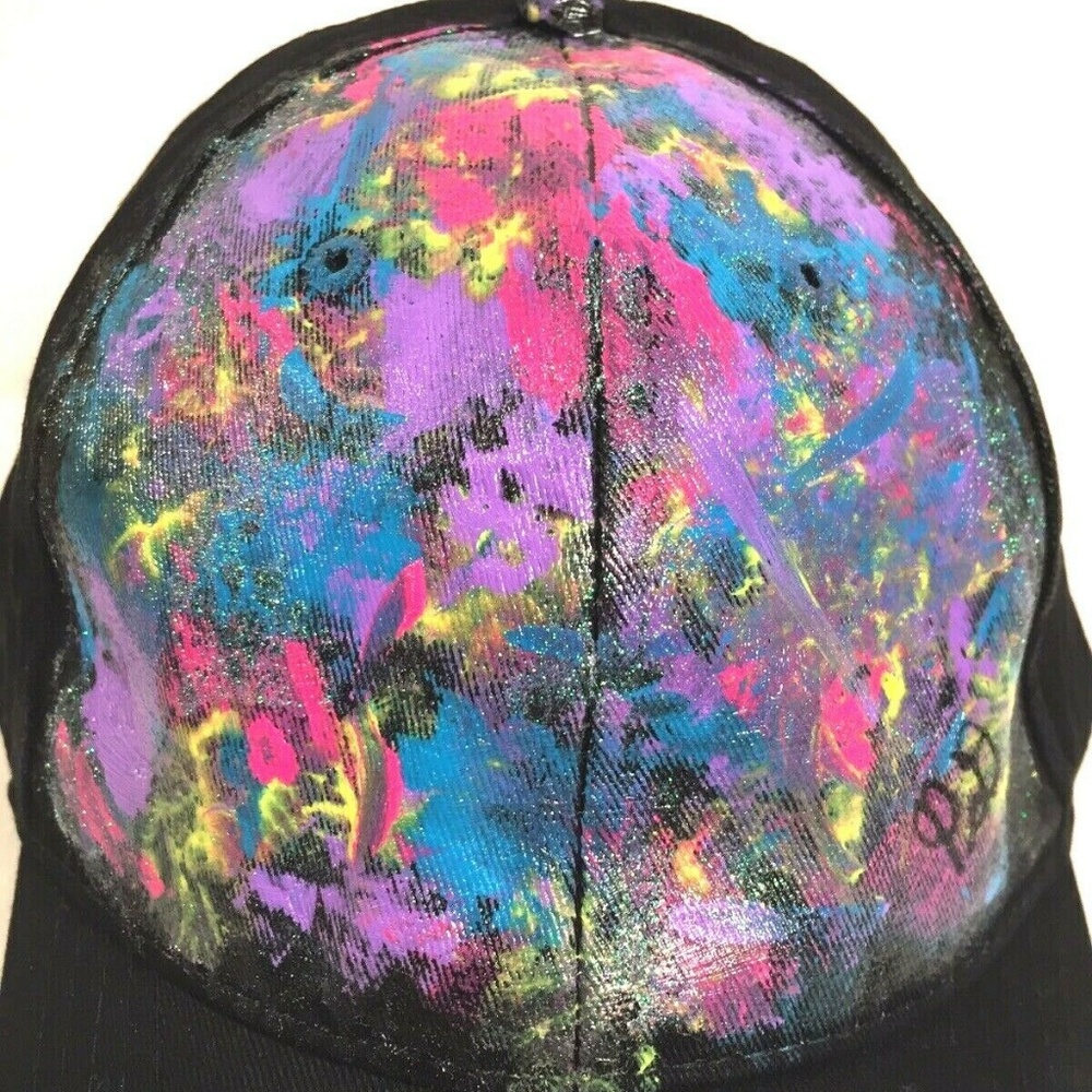 Hand Painted Hat Cap Abstract Art Neon Colors - Picture 2 of 8
